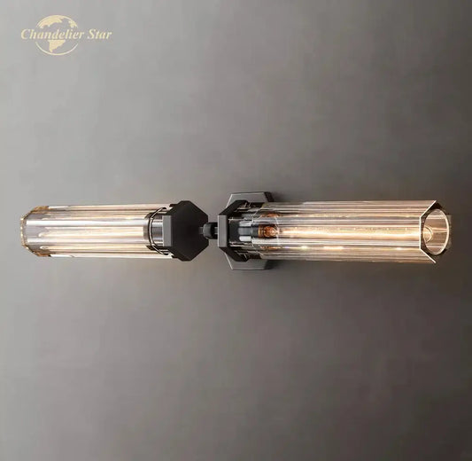 Modern black decorbites crystal hexagonal sconce with ribbed glass cylinders and filament bulbs for living room use