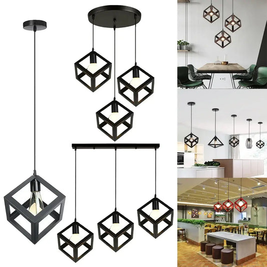 Modern black decorbites geometric led cube pendant kitchen light with exposed bulb fixtures and metal frame design