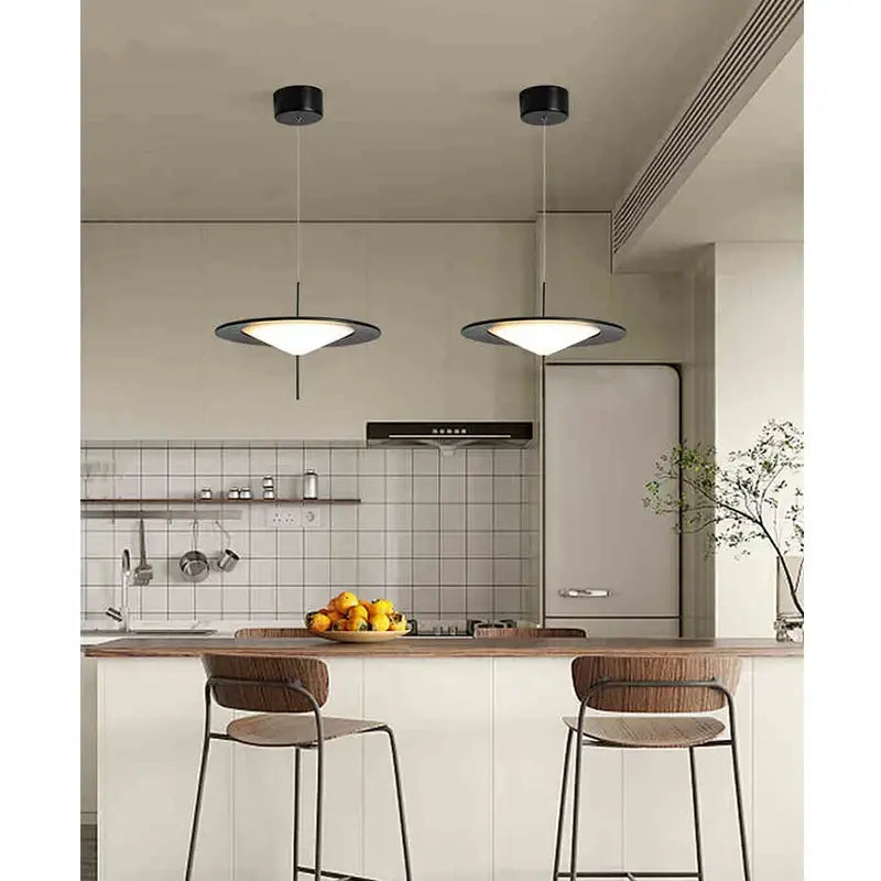 Modern black decorbites designer ufo chandelier with sleek circular pendant lights and warm white illumination for living rooms
