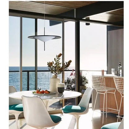 Modern black designer ufo chandelier white pendant light with sleek disc design and black trim by decorbites designer