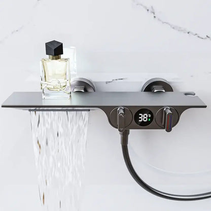 Modern black digital display shower mixer with matte finish, decorbites digital display, and waterfall spray feature
