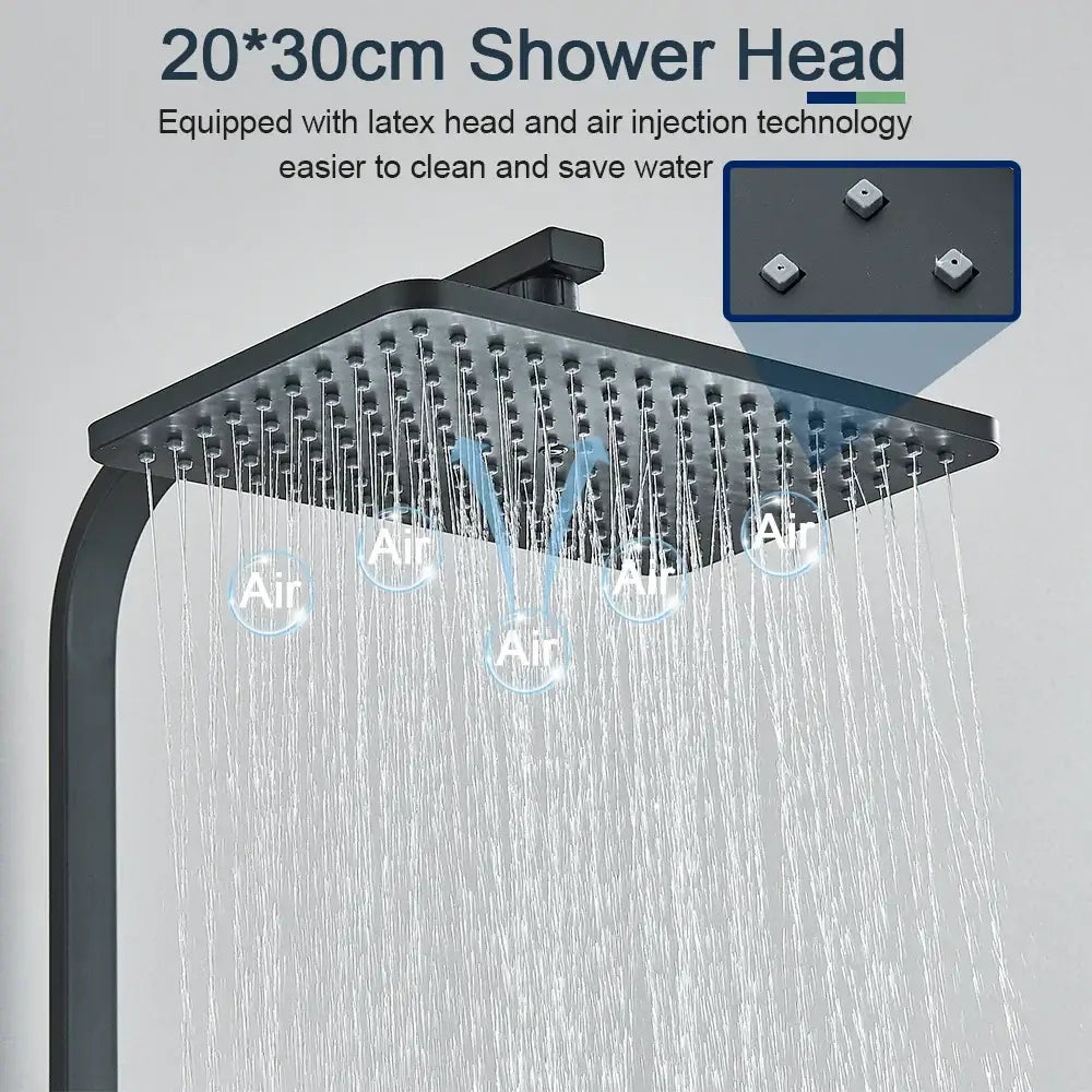 Modern black digital shower system with decorbites black rainfall head featuring multiple water jets and sleek design
