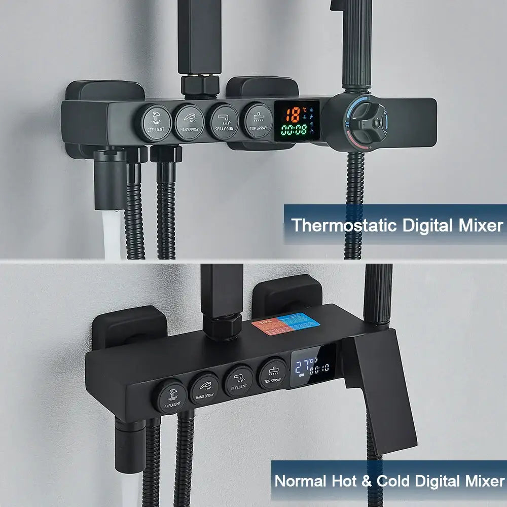Modern black digital shower system with rainfall head and decorbites black thermostatic mixer with digital display