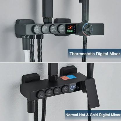Modern black digital shower system with rainfall head and decorbites black thermostatic mixer with digital display
