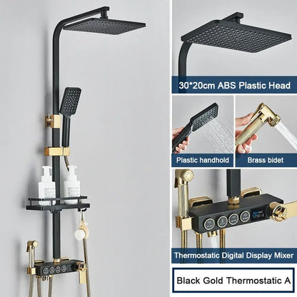 Modern black digital shower system by decorbites with rainfall head, brass bidet nozzle, handheld spray, and digital mixer