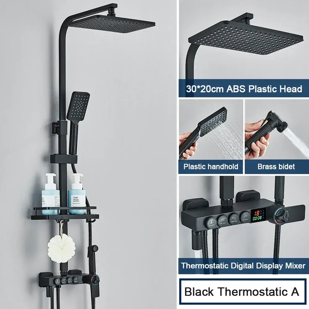 Modern decorbites black digital shower system with rainfall head handheld spray and digital mixer for bathroom use