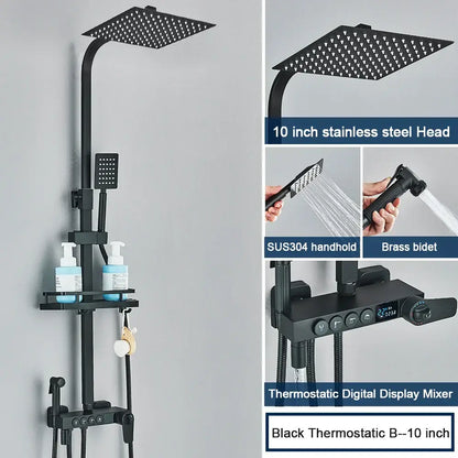 Modern black digital shower system featuring a decorbites black 10-inch stainless steel rainfall head with square design