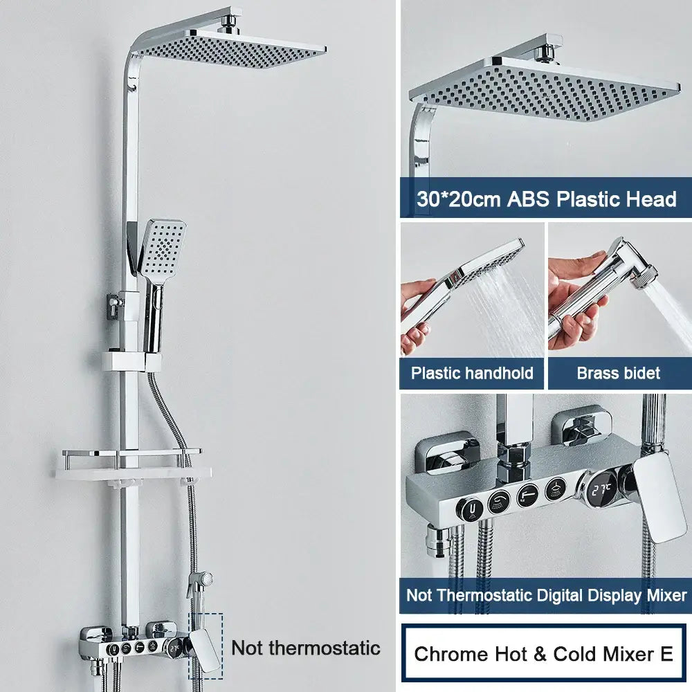 Modern black digital shower system with rainfall head, chrome finish, handheld spray, and digital display mixer by decorbites black