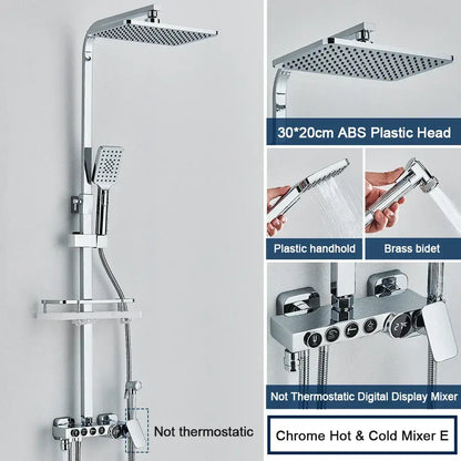 Modern black digital shower system with rainfall head, chrome finish, handheld spray, and digital display mixer by decorbites black