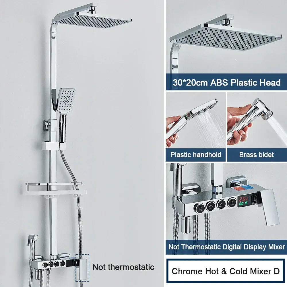 Modern black decorbites digital shower system with chrome rainfall head, handheld spray, and digital display mixer
