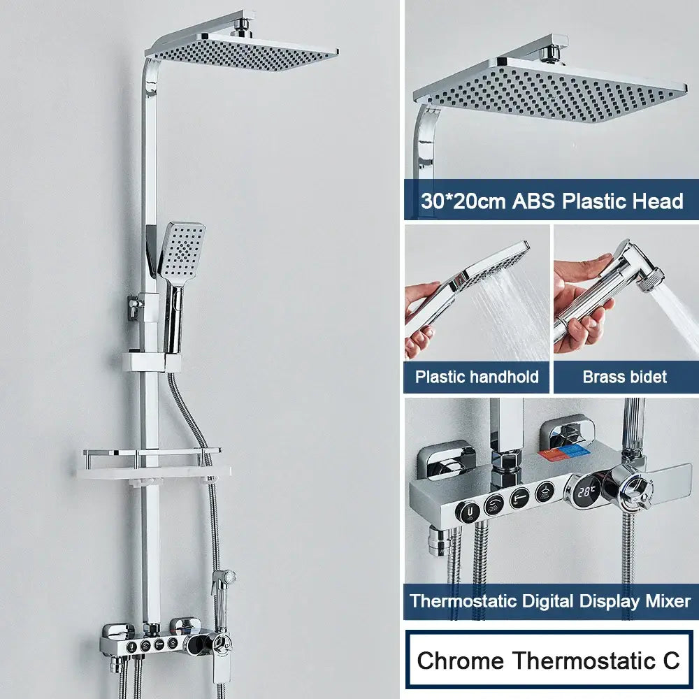 Modern black decorbites digital shower system with rainfall head, chrome finish, handheld spray with brass nozzle, and thermostatic mixer