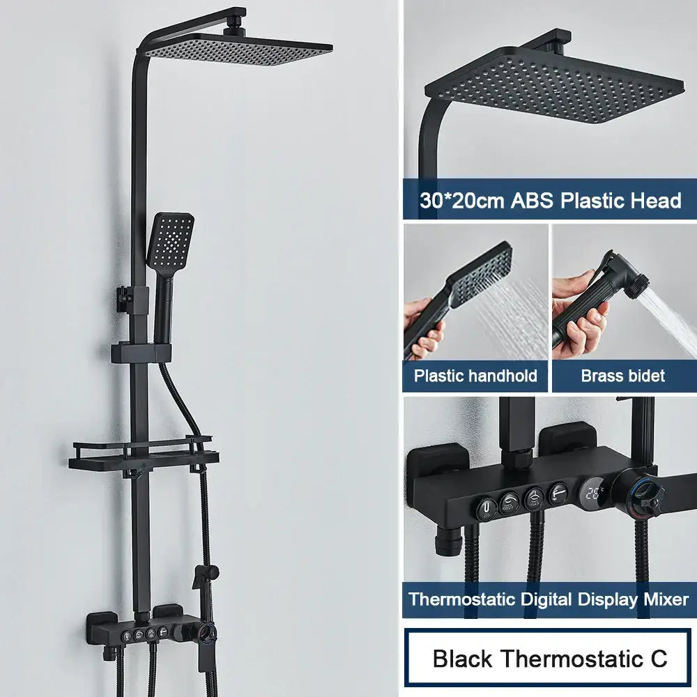 Modern black digital shower system with rainfall head and bidet featuring black matte finish and thermostatic mixer
