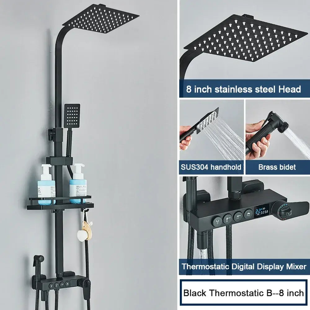 Modern black decorbites digital shower system with rainfall head handheld spray and thermostatic mixer for bathroom use
