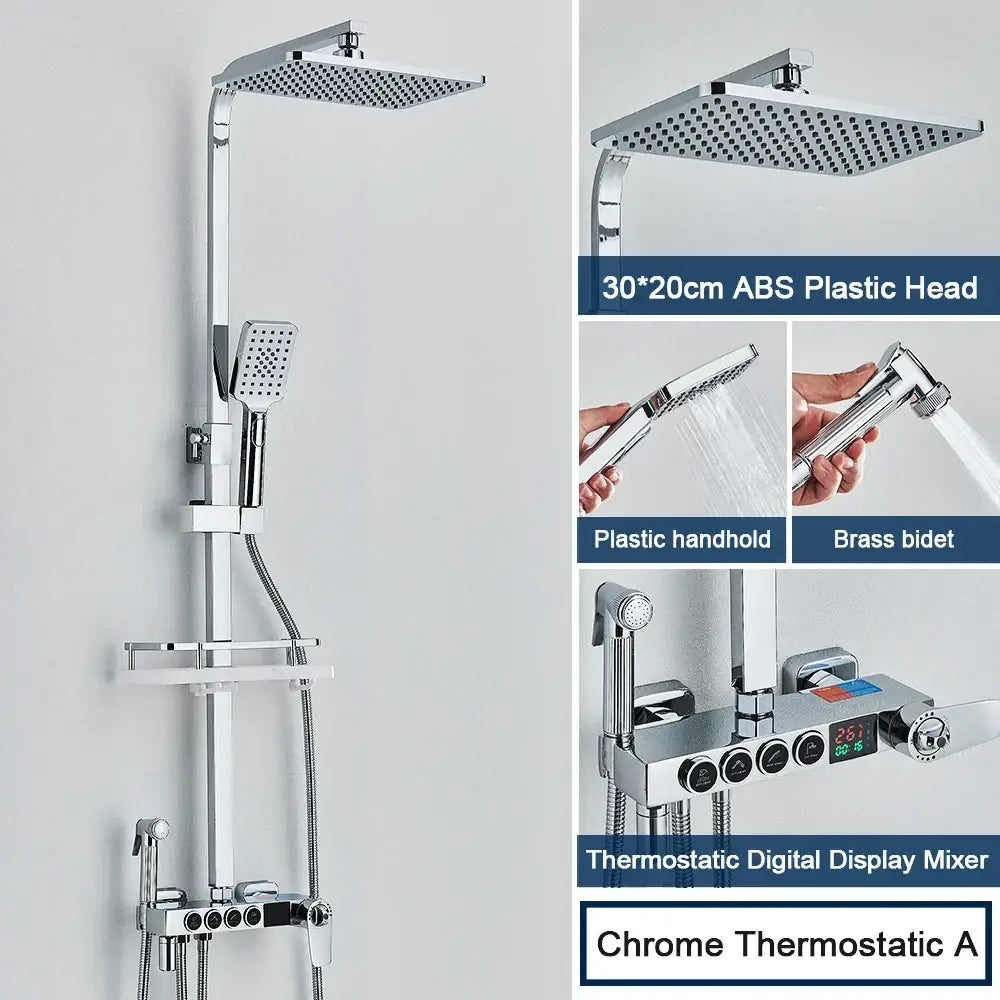 Modern black digital shower system with chrome rainfall head handheld spray and thermostatic mixer for decorbites black bathroom