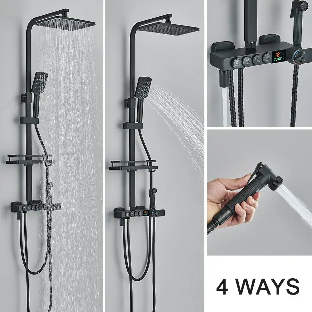 Modern decorbites black digital shower system with rainfall head handheld spray and temperature display panel