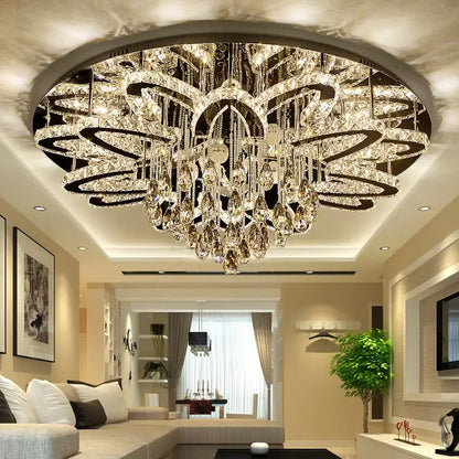 Modern black dimmable led crystal chandelier featuring intricate metal rings and teardrop crystals for elegant decorbites lighting