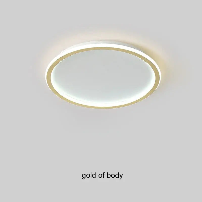 Modern black dimmable led ring ceiling light with sleek gold frame and soft white illuminated center for living room