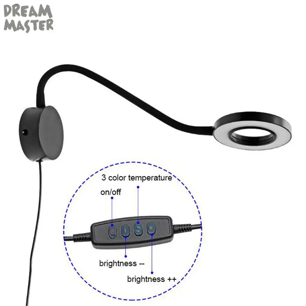 Black flexible arm dimmable led wall lamp with circular led ring light and control panel for decorbites dimmable led