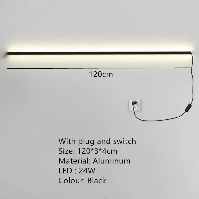 Black aluminum dimmable long wall lamp 120cm by decorbites with sleek modern design for bedroom ambient lighting