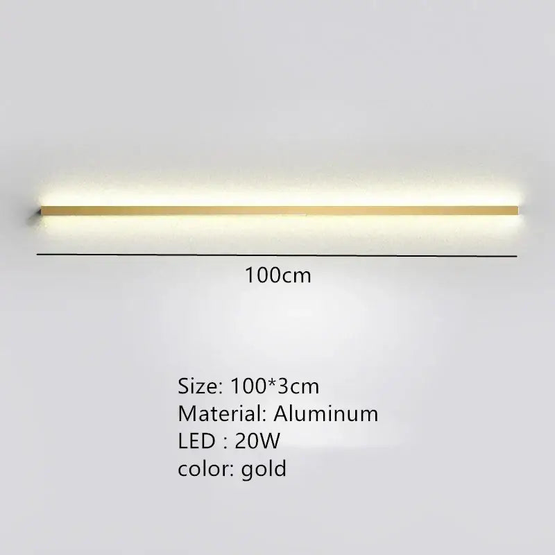 Gold-colored slim aluminum dimmable long wall lamp by decorbites with modern rectangular design for bedroom ambient lighting