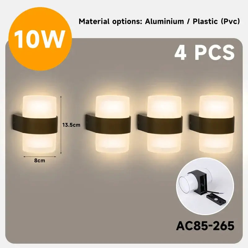 Set of four modern black dome led wall lights with frosted glass shades and dark metal frames for outdoor use
