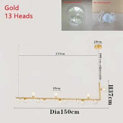 Modern black double glass lampshade chandelier with 13 gold-colored spherical glass light heads for dining room