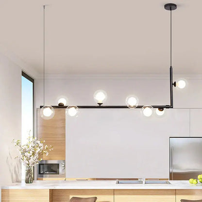 Modern black metal pendant light with double glass lampshade chandelier featuring clear globe bulbs for dining room