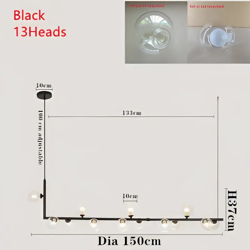 Modern black metal double glass lampshade chandelier with 13 frosted globe lights for dining room lighting
