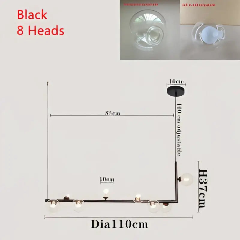 Modern black metal chandelier with eight spherical bulbs featuring double glass lampshade for dining room