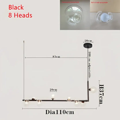Modern black metal chandelier with eight spherical bulbs featuring double glass lampshade for dining room