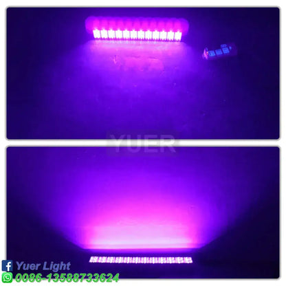 Modern black double row uv bar light led stage light emitting a bright purple glow across the surface below
