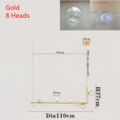 Modern black dual glass lamp ceiling chandelier with gold-colored metal and eight spherical glass bulbs for dining room decorbites dual glass