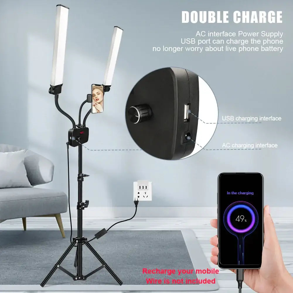Modern black dualarm led beauty light with phone holder featuring ac power supply and usb charging for decorbites dualarm led