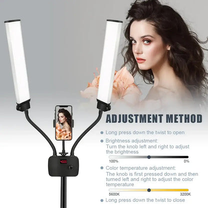 Modern black decorbites dualarm led beauty light with two vertical panels and smartphone mount for bedroom use