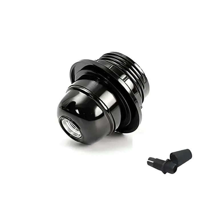 Modern black e26 e27 lamp holder with glossy threaded metal base and two matching black plastic caps for bedroom use