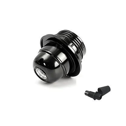 Modern black e26 e27 lamp holder with glossy threaded metal base and two matching black plastic caps for bedroom use