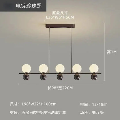 Modern black nordic pendant chandelier with eight frosted glass globe shades and polished electroplated bases for living room