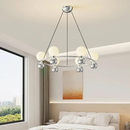 Modern black nordic pendant chandelier with chrome frame and eight frosted glass globe lights in circular pattern