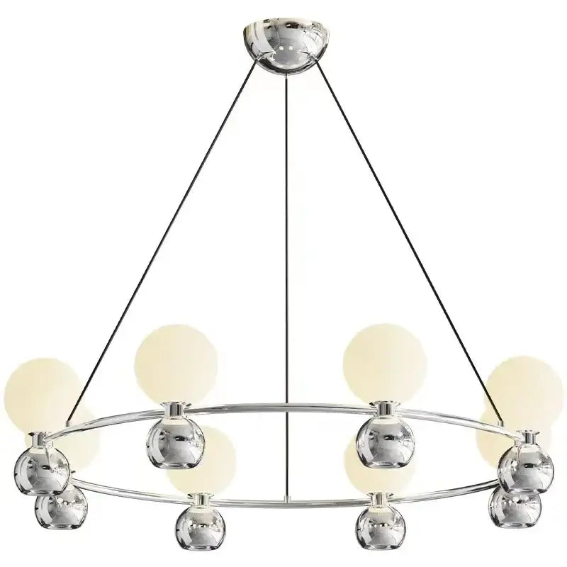 Modern black chrome-finished nordic pendant chandelier with circular frame and eight frosted glass globes suspended by cords