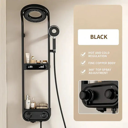 Modern black electric showerhead knobs column faucet with sleek copper body and integrated storage shelves for bathroom use