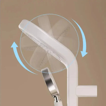 White plastic electric showerhead with sleek curved design and metallic silver handle for showerhead knobs column faucet