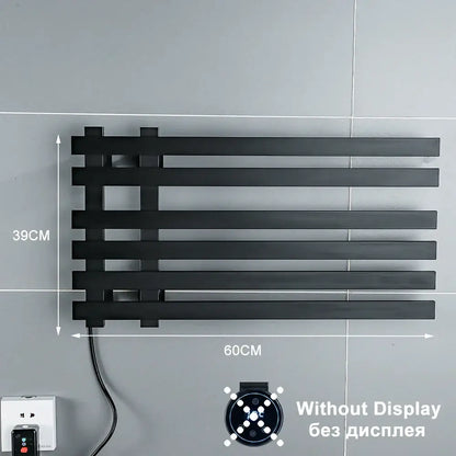 Modern black electric towel warmer rack with matte finish horizontal slats and digital display for bathroom use