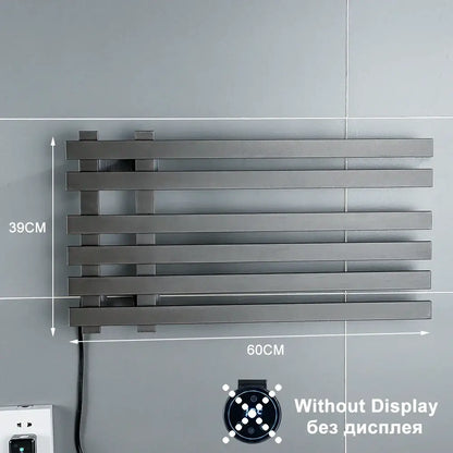 Modern matte black electric towel warmer rack with sleek horizontal bars and compact 60cm by 39cm design for bathroom use