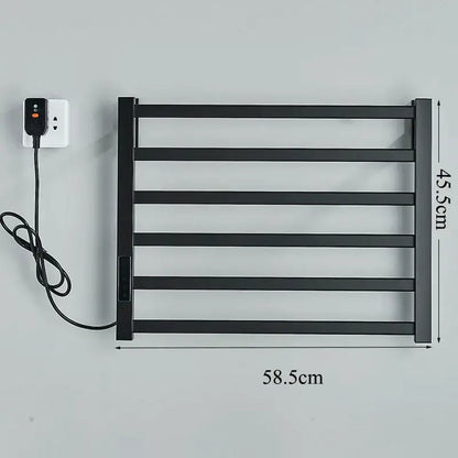 Modern black electric towel warmer with digital display featuring five horizontal bars and a sleek design