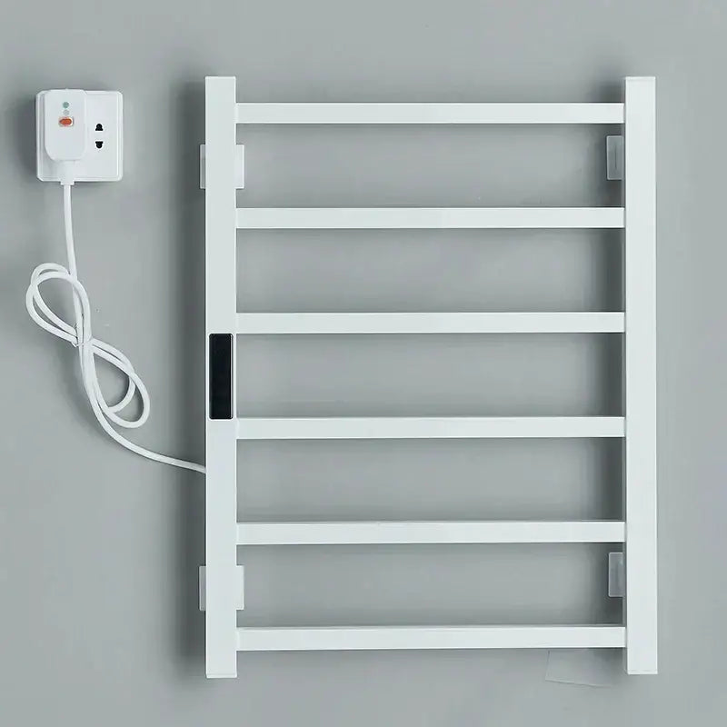 Modern white electric towel warmer with sleek minimalist design and integrated power cord for bathroom use