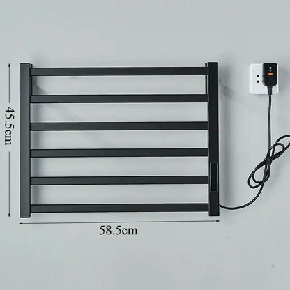 Modern black electric towel warmer with five horizontal bars and digital display plugged into bathroom outlet
