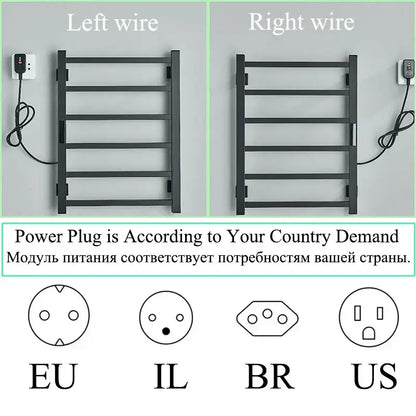 Modern black electric towel warmer with five horizontal bars and power cord for efficient bathroom use