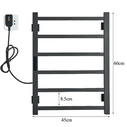 Modern black electric towel warmer with five horizontal bars and digital display plugged into a bathroom outlet