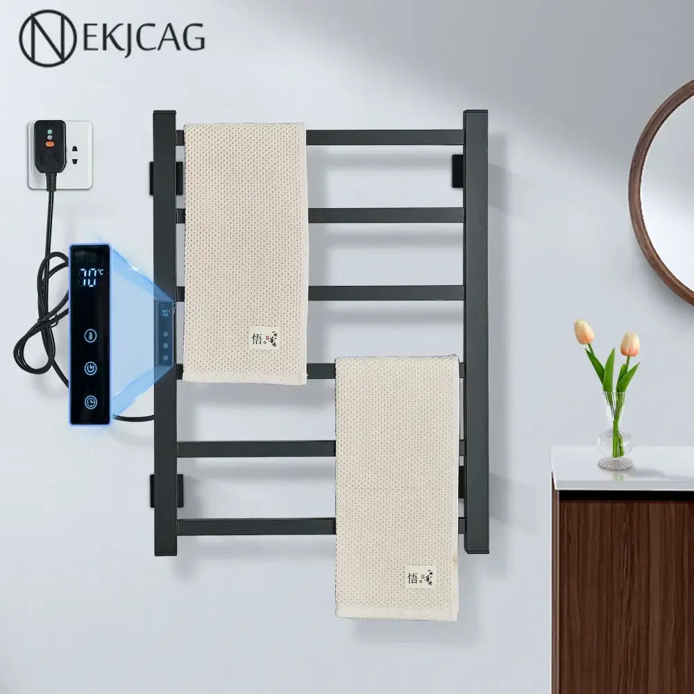 Modern black electric towel warmer with digital display and control panel for efficient bathroom heating