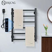 Modern black electric towel warmer with digital display and control panel for efficient bathroom heating